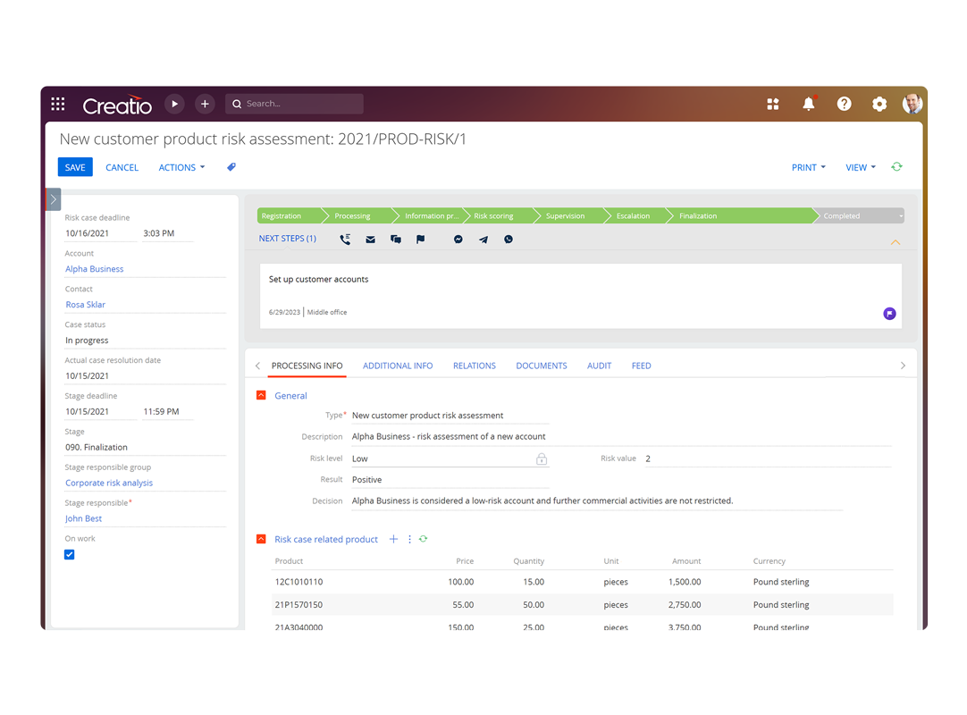 Creatio CRM Compliance Feature